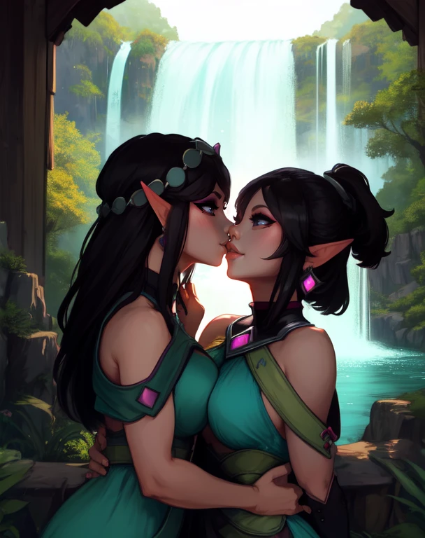 Ying, pointy ears, long black hair, eyeshadow , upper body, ponytail,   dress,
jewelry smile, happy,  kissing cheek, 
   2girls,  twin sisters, 
 lake, waterfall, morning, (insanely detailed, beautiful detailed face, masterpiece, best quality) cinematic lighting, 
 <lora:Ying-10v6:0.7>