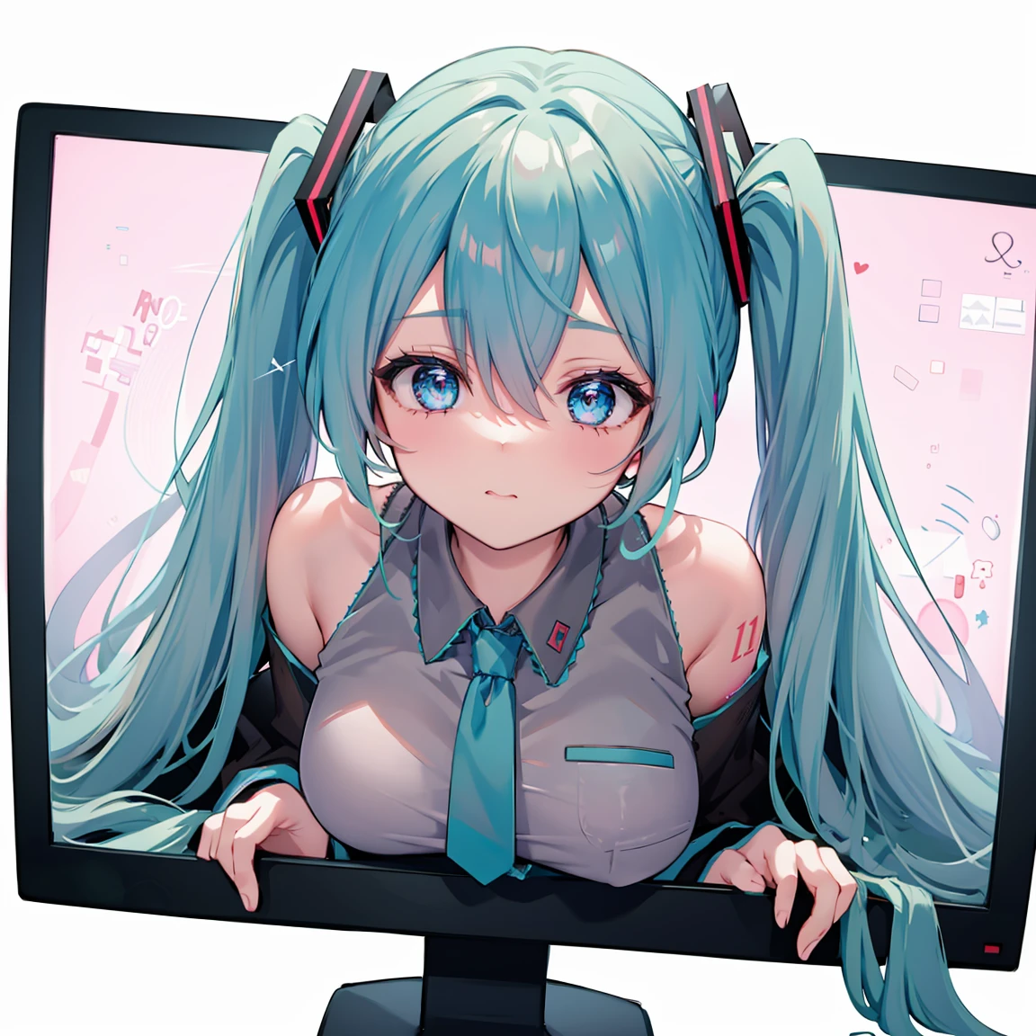 <lora:ThroughScreenStuckMonitorUpperBodyV3:1>,
through screen, stuck, monitor,  1girl, breasts,  solo,hatsune miku, looking at viewer, hair between eyes, shirt, very long hair, bangs, , upper body, virtual youtuber,