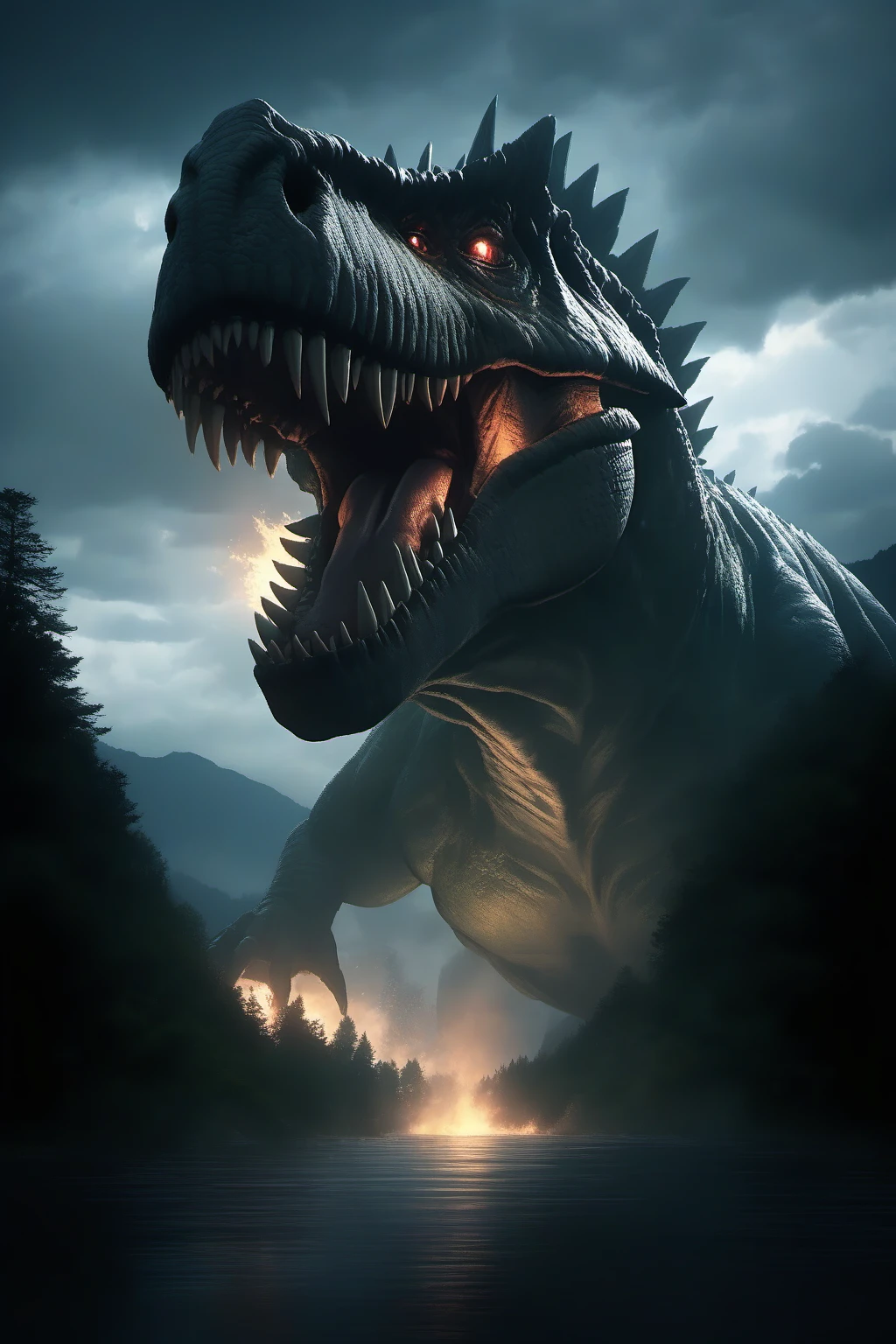 Hyperrealistic art BJ_Sacred_beast, T-rex, open_mouth, outdoors, sky, teeth, cloud, water, tree, no_humans, saliva, glowing, cloudy_sky, fire, sharp_teeth, nature, glowing_eyes, forest, monster, giant, kaijuu, godzilla,
cinematic lighting,strong contrast,high level of detail,Best quality,masterpiece,White background,<lora:SDXL_Sacred_beast:0.6>, . Extremely high-resolution details, photographic, realism pushed to extreme, fine texture, incredibly lifelike