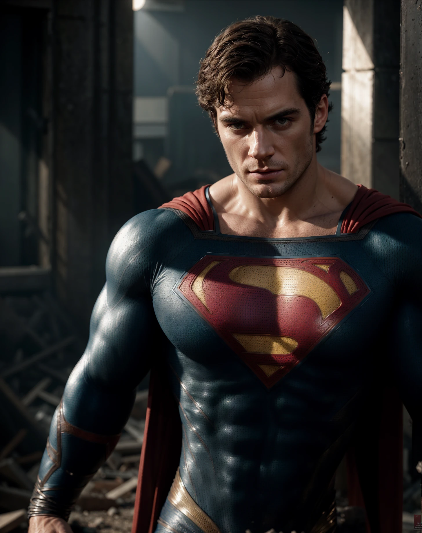 Henry cavill is superman , superhero, upper body, colours, draw comic, 1boy, building destroyed (cinematic, teal and orange:0.85), (muted colors, dim colors, soothing tones:1.3), low saturation, (hyper detailed:1.2), (noir:0.4), (intricate details:1.12), hdr, (intricate details, hyper detailed:1.15),