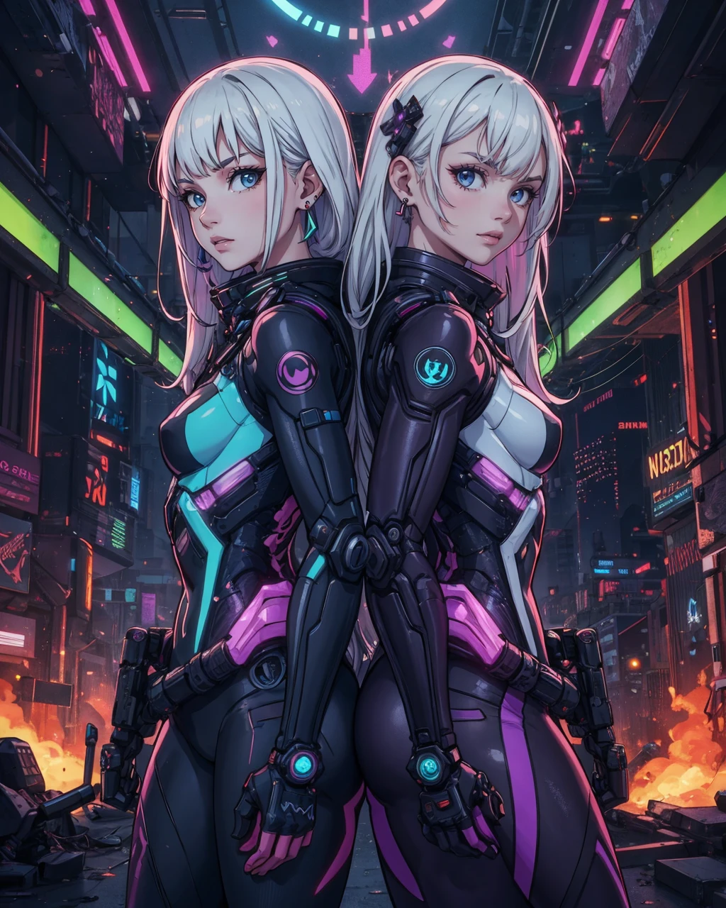 a girl, rebecca \(cyber punk\), ((Full body, He holds a large sickle in his right hand and carries it on his shoulder.,dynamic angle:1.35)),one women,Blonde twisted twin tails, glowing red eye,laugh fearlessly, Bein Tattoos, Tattoo on the neck, big , black bra, line, red pupils, Leader catch, red eye, black jacket,cyber punk,Cyber Cityscape,