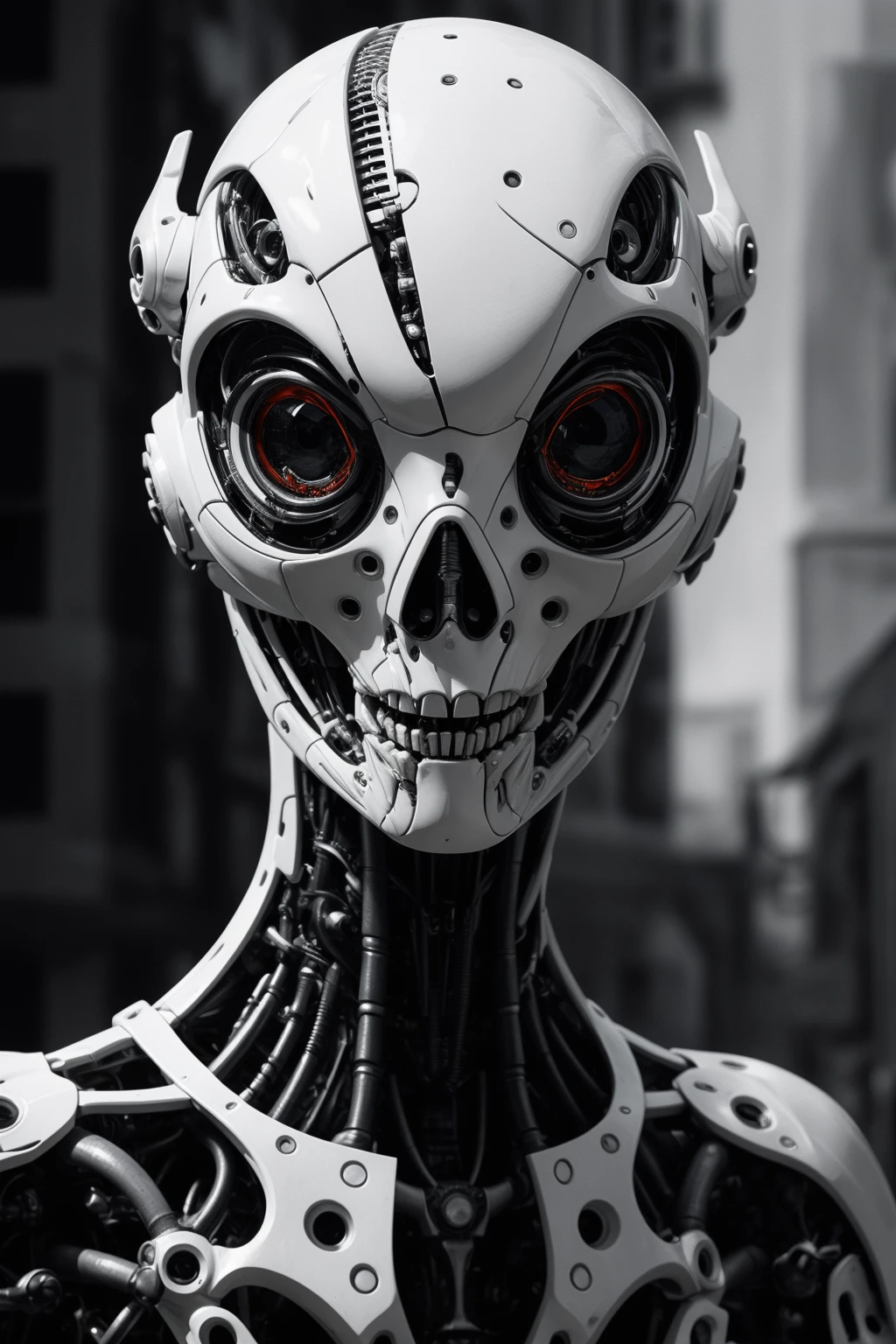 masterpiece, complex detailed, best quality, 
editorial fashion photo, hdr, 
closeup, biomechanical alien, eye contact, art by goro fujita, white and black colors, sharp focus, 
cyber, filtech, <lora:CyberWorld:0.5>,