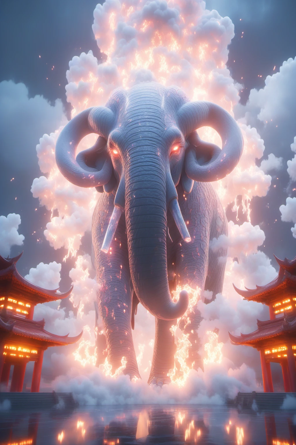 Hyperrealistic art BJ_Sacred_beast, elephant, outdoors, horns, sky, cloud, no_humans, glowing, fire, building, scenery, glowing_eyes, smoke, monster, architecture, east_asian_architecture,
cinematic lighting,strong contrast,high level of detail,Best quality,masterpiece,White background,<lora:SDXL_Sacred_beast:0.7>, . Extremely high-resolution details, photographic, realism pushed to extreme, fine texture, incredibly lifelike