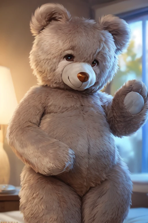 solo, bear, teddy bear, smile, standing, sassy pose, smiling at viewer, bed, pillow, night,
<lora:TeddyBear:0.8>, uploaded on e621, (detailed background, depth of field), (intricate:1.1), (high detail:1.2), (soft focus), (masterpiece, best quality, 4k, 2k, shaded, absurd res), cinematic dramatic lighting, by Chunie, by CyanCapsule, by Hallogreen