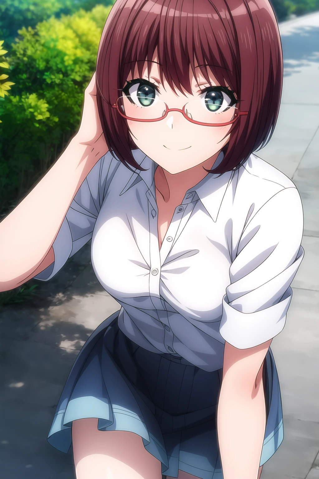 1girl, reddish purple hair, light blue eyes, eyebrows visible through hair, glasses, looking at viewer, short hair, smile, solo, casual dress, pose, mutsu_amatani, <lora:add_detail:0.7>