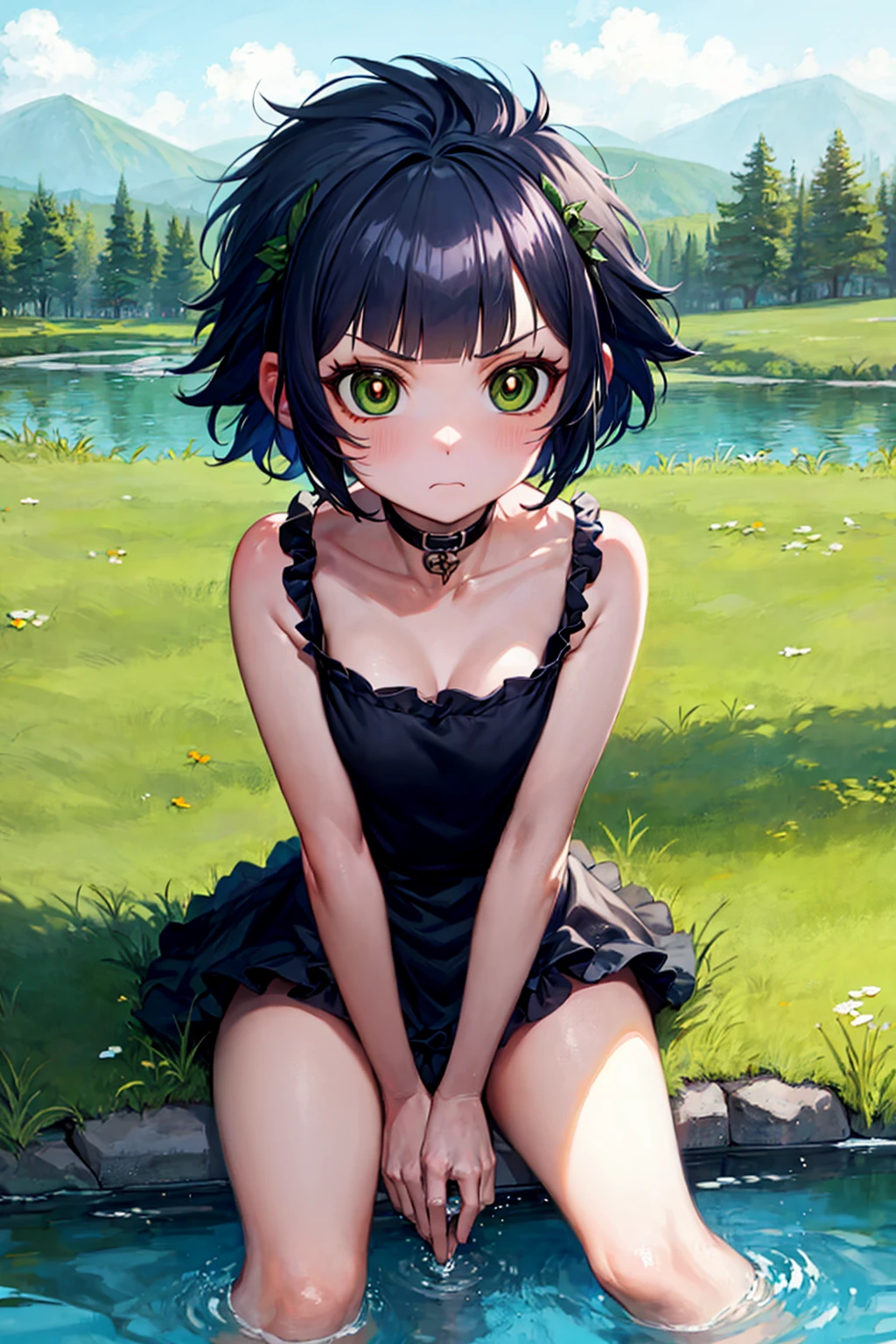 ppgzkor, green eyes, bright pupil, black hair, short hair, dress, frown, sitting, river, grass field, <lora:PPGZ-Kaoru_Matsubara:1>