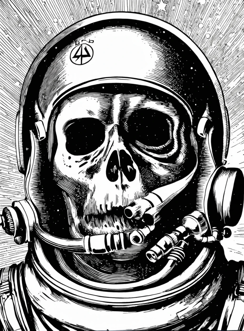 <lora:DD-vntg-artstyle-v1:1> vntg artystyle "vintage" black and white retro cosmonaut propaganda USSR soviet space skull