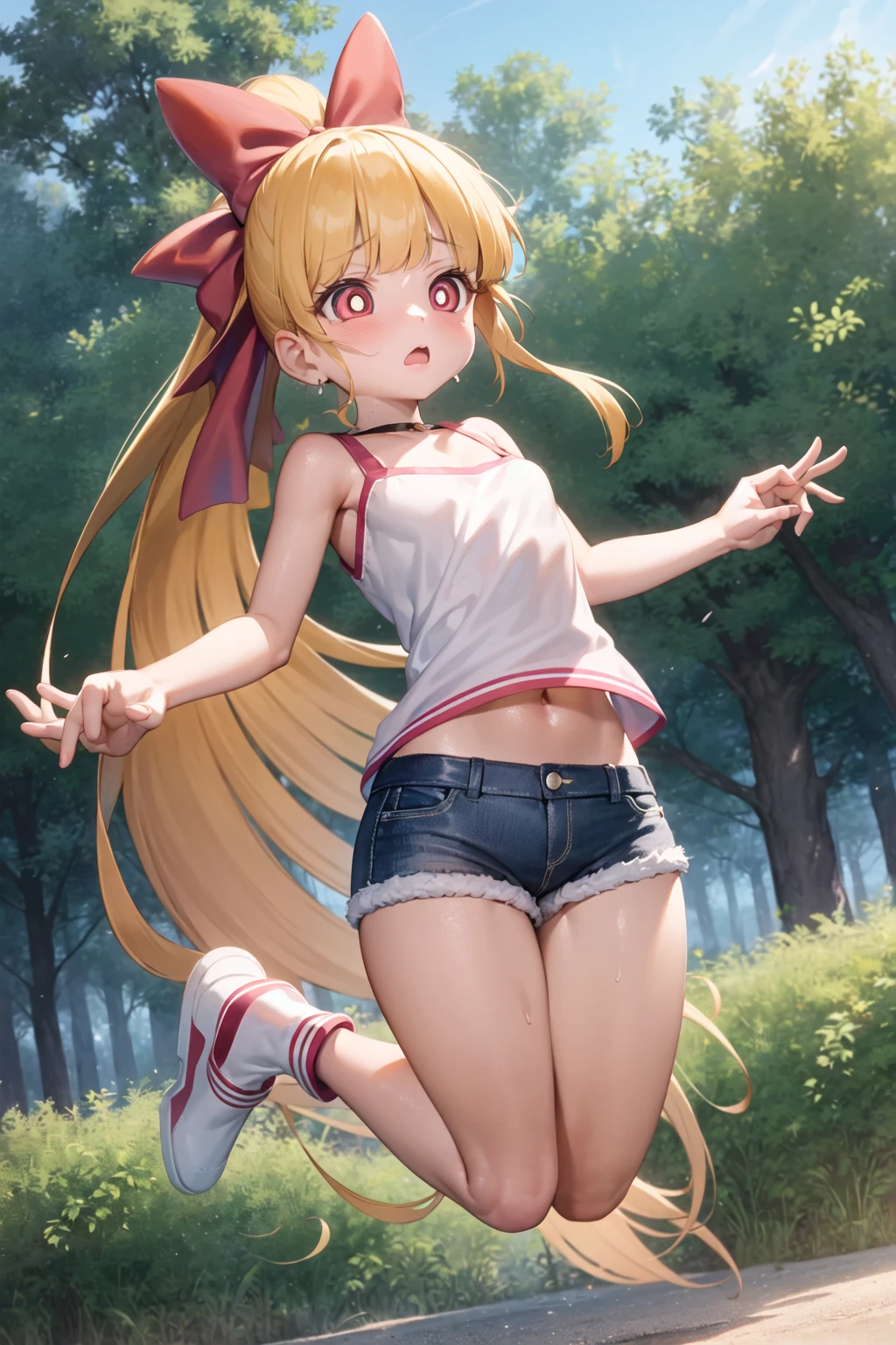 1girl, ppgzmmk, long hair, blonde hair, hair bow, blunt bangs, ponytail, red eyes, bright pupils, camisole, short shorts, jumping, frown, looking away, forest <lora:Momoko_PPGZ-000007:1>