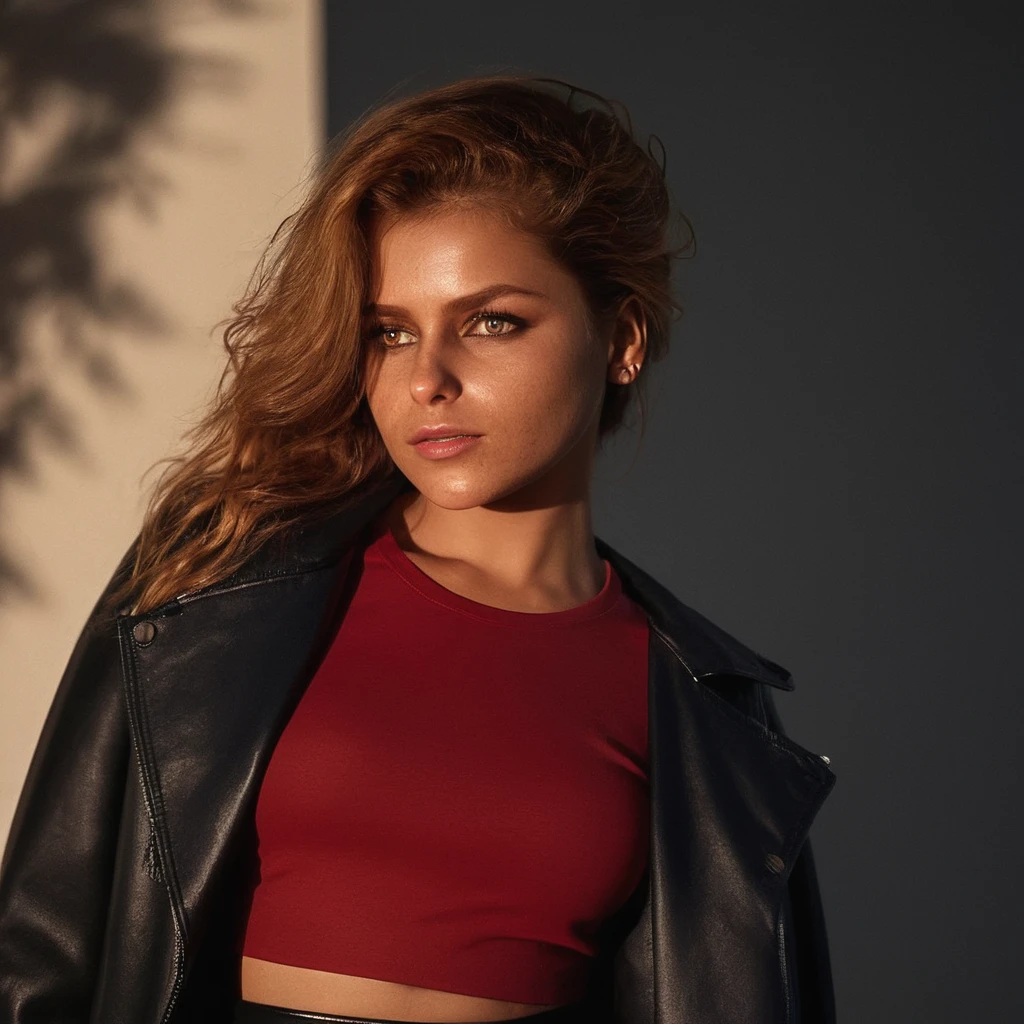 julia_yaroshenko, <lora:JuliaYaroshenkoXL:1>,((red shirt , black jacket, black skirt, black belt,black shoes)), dark city at night, ((dark night, midnight, full moon, starry sky)), ((perfect eyes, detailed eyes,realistic eyes)), ((sharp face, detailed face, realistic face, naturtal skin, realistic skin, detailed skin, pores)), (masterpiece, best quality, ultra-detailed, best shadow), high contrast, (best illumination), ((cinematic light)), colorful, hyper detail, dramatic light, intricate details, (1 girl, solo) , ultra detailed artistic photography, dreamy, backlit, shadows, ultra high definition, 8k, ultra sharp focus, ultra high quality model, soft lighting, film photography, analogue photography, hyperrealism,
