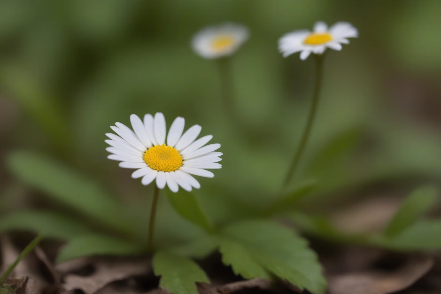 a perfect closeup photo of a tiny daisy flower on the overgrown forest floor
