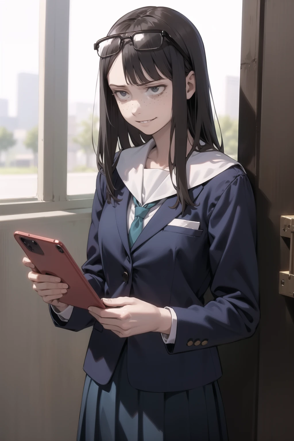 <lora:kanamori-000028:1> kanamori, eyewear on head, freckles,
serafuku, pleated skirt, blazer, blue skirt,
1girl, solo,
smartphone, looking at smartphone, holding phone, smirk, looking away