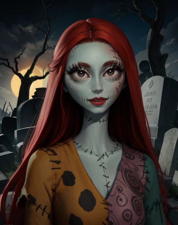 pov, sa_lly, stitches, grey skin, cowgirl sex position, grass, looking at viewer, at night, 3d, smile, lipstick, half-closed eyes, legs apart, graveyard, arms behind back