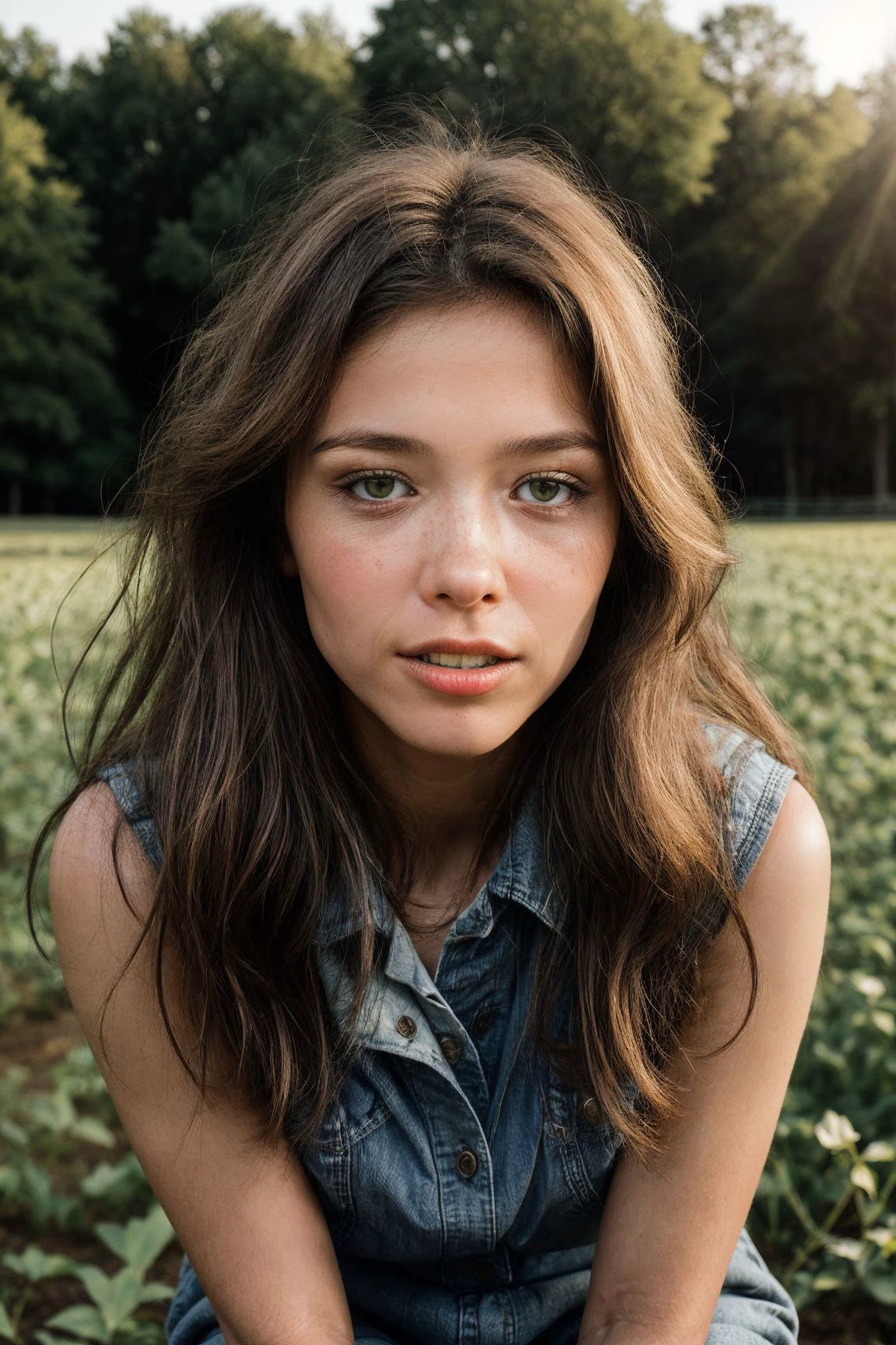 MilaAzul <lora:MilaAzul_v3.0:.9> <lora:add_detail:0.8> (upper body shot:1.1), (close-up:1.4), perfect face, detailed face, sparkling eyes, A stylish pair of high-waisted jeans with a tucked-in, loose-fitting blouse, coupled with classic sneakers, offering a comfortable yet chic outfit. On a charming farmstead in classic America, the photographer composes an upper body portrait of the model against a backdrop of weathered wooden fences, sprawling green fields, and a cerulean sky. The expressive gaze harmonizes with the timeless beauty of rural America, turning the scene into a captivating tableau for her allure. Dramatic folds and rich tonal contrasts unfold against the rustic charm of the fences and the undulating landscape, accentuating the model s natural grace. The play of sunlight, filtering through the leaves of ancient oak trees and casting warm, dappled shadows, imparts a radiant glow to the setting. Subtle textures and timeless elegance interweave, creating a visual masterpiece that seamlessly blends the model s modern style with the enduring charm of classic America. In the simplicity of this pastoral setting, the photographer transforms sunlight into an art form. The model seamlessly integrates into the agricultural surroundings, each fold and highlight contributing to a composition that captures not only the visual but also the tactile essence of the moment. The vast expanse of classic American farmland, with its enduring elements, completes this captivating portrait in the heart of rural America.