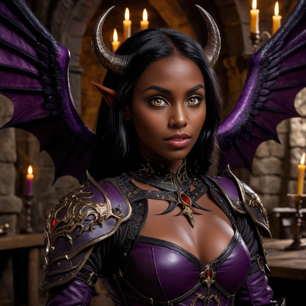 <lora:FaeTastic:0.3> <lora:add-detail-xl:1.5> (Upper body, medium shot:1.3) photo of a surprised happy 19 year old beautiful (Grenada elf woman with amber eyes and dark skin:1.3), Short flowing (black hair:1.3). She is young, athletic with (large breasts:1.3), (small golden succubus horns:1.5), (small symmetric nose:1.3), big beautiful eyes, full lips, Arched eyebrows, (perfect teeth), (perfect hands), lipstick, eyeliner, eyeshadow, (long black claws:1.3), (realistic succubus wings:1.5). She is wearing (purple gothic ranger armor and bracers:1.3). She is walking away from the camera, looking over shoulder at viewer, showing ass in a (gothic enchanted castle alchemy laboratory:1.3), stone walls, cabinets, leather chairs and wooden tables in the background. (dark gothic fantasy style:1.5). Inside, evening, dark, cinematic lighting, vibrant colors, detailed skin texture, detailed cloth texture, beautiful detailed face, intricate sharp details, ultra high res.