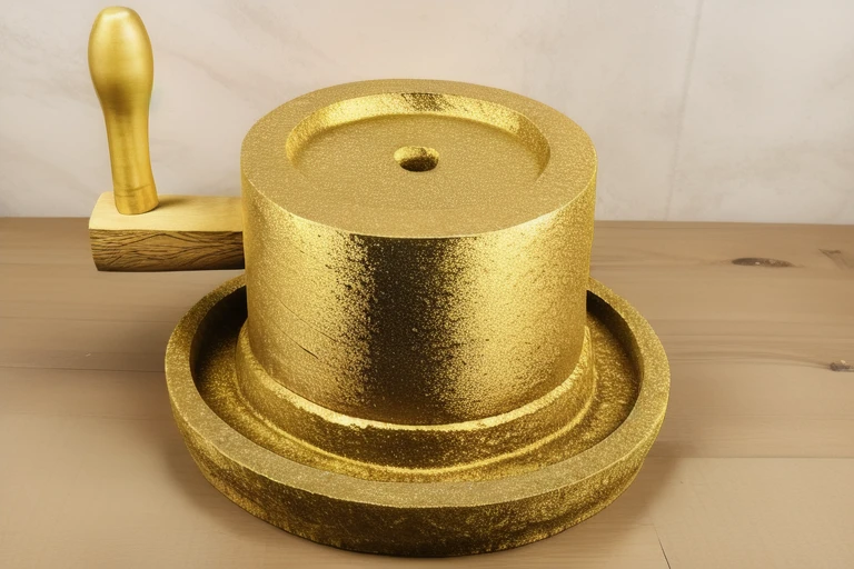 stone mill, wood handle, <lora:tea_mill_v3:0.7>, golden