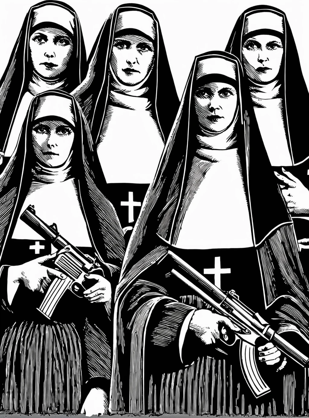 <lora:DD-vntg-artstyle-v1:1>  vntg artystyle nuns with guns black and white
