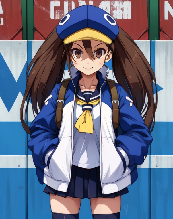 Fuka, brown hair with twintails, brown eyes, standing, smiling, upperbody, hands in jacket pockets, blue headwear ,school uniform ,open jacket,yellow front-tie top, blue thighhighs, baseball field, morning, (insanely detailed, beautiful detailed face, masterpiece, best quality) <lora:Fuka-10v6:0.8> solo,