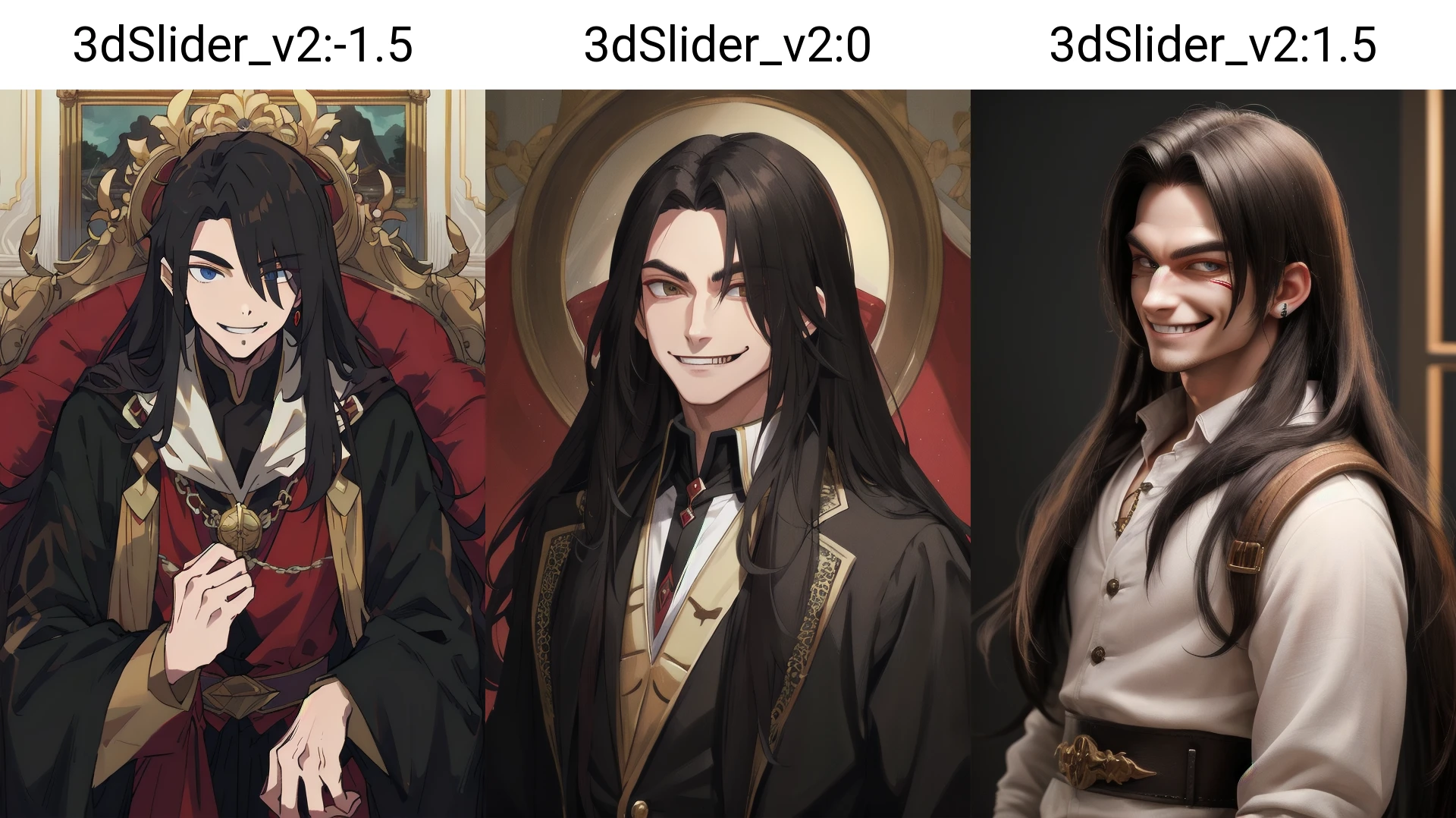 masterpiece,best quality, 1male,evil smile,long hair, <lora:3dSlider_v2:-1.5>,