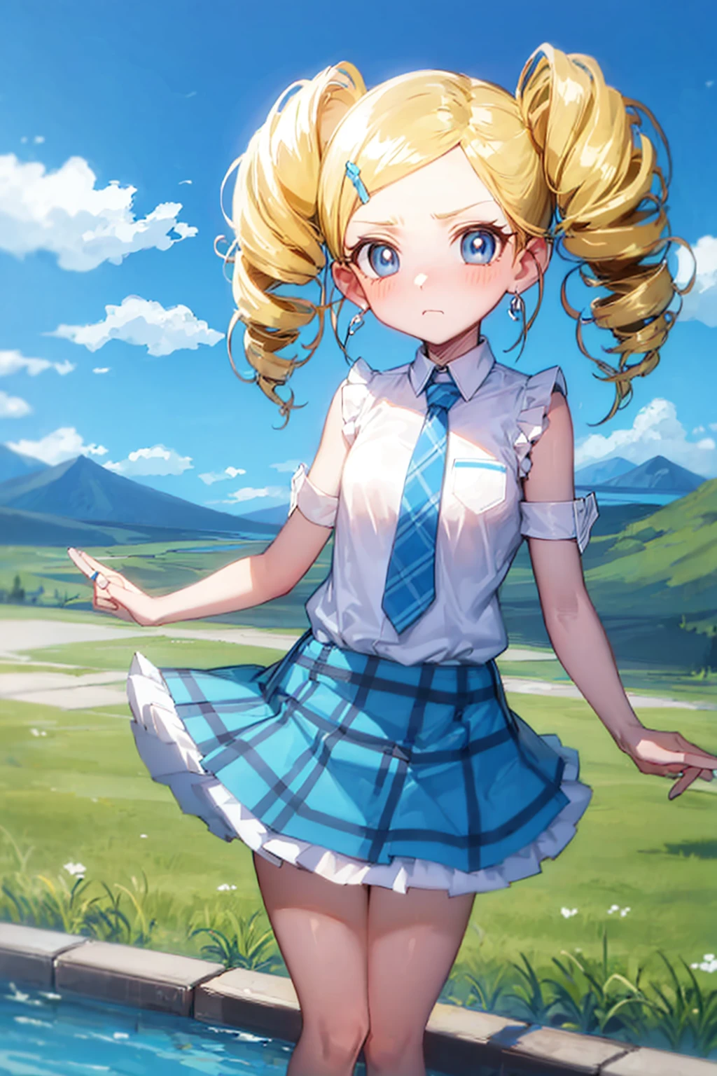 ppgzmyk, blue eyes, blonde hair, twin drills, white shirt, neck tie, plaid skirt, blue skirt, standing, frown, mountain, river <lora:PPGZ-Miyako_Gotokuji:1>