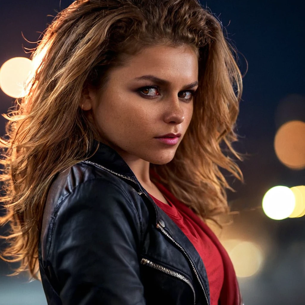 julia_yaroshenko, <lora:JuliaYaroshenkoXL:1>,((red shirt , black jacket, black skirt, black belt,black shoes)), dark city at night, ((dark night, midnight, full moon, starry sky)), ((perfect eyes, detailed eyes,realistic eyes)), ((sharp face, detailed face, realistic face, naturtal skin, realistic skin, detailed skin, pores)), (masterpiece, best quality, ultra-detailed, best shadow), high contrast, (best illumination), ((cinematic light)), colorful, hyper detail, dramatic light, intricate details, (1 girl, solo) , ultra detailed artistic photography, dreamy, backlit, shadows, ultra high definition, 8k, ultra sharp focus, ultra high quality model, soft lighting, film photography, analogue photography, hyperrealism,