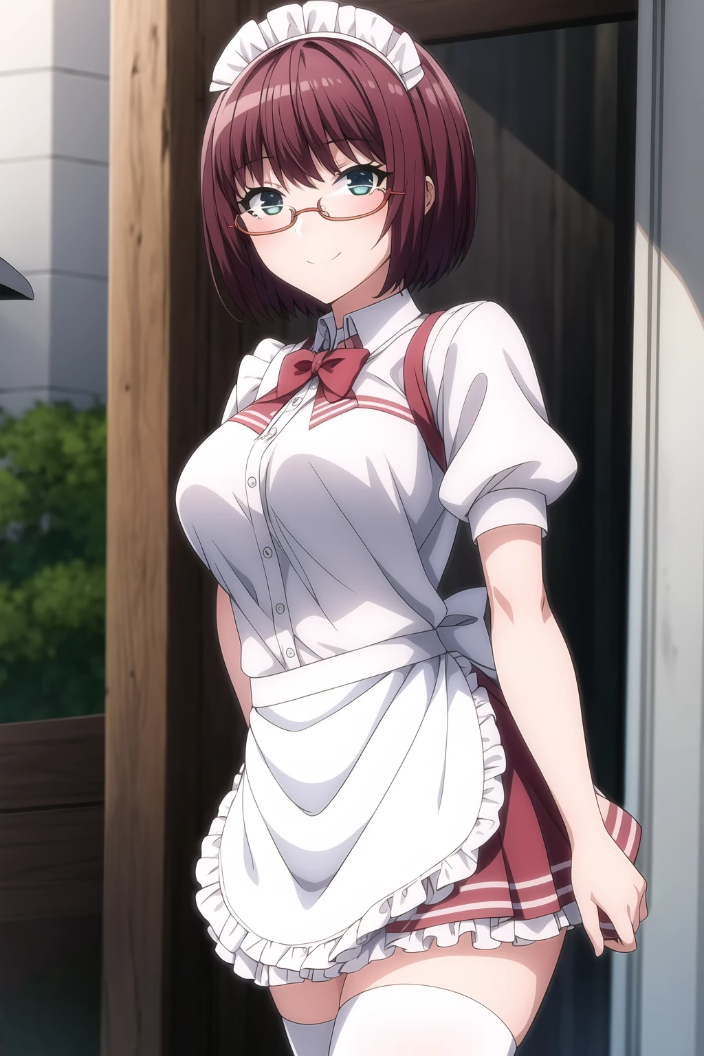 1girl, reddish purple hair, light blue eyes, eyebrows visible through hair, glasses, looking at viewer, short hair, smile, dress, frilled apron, frills, maid, maid apron, puffy short sleeves, puffy sleeves, short sleeves, thighhighs, waist apron, white apron, white legwear, zettai ryouiki, mutsu_amatani, <lora:add_detail:0.7>