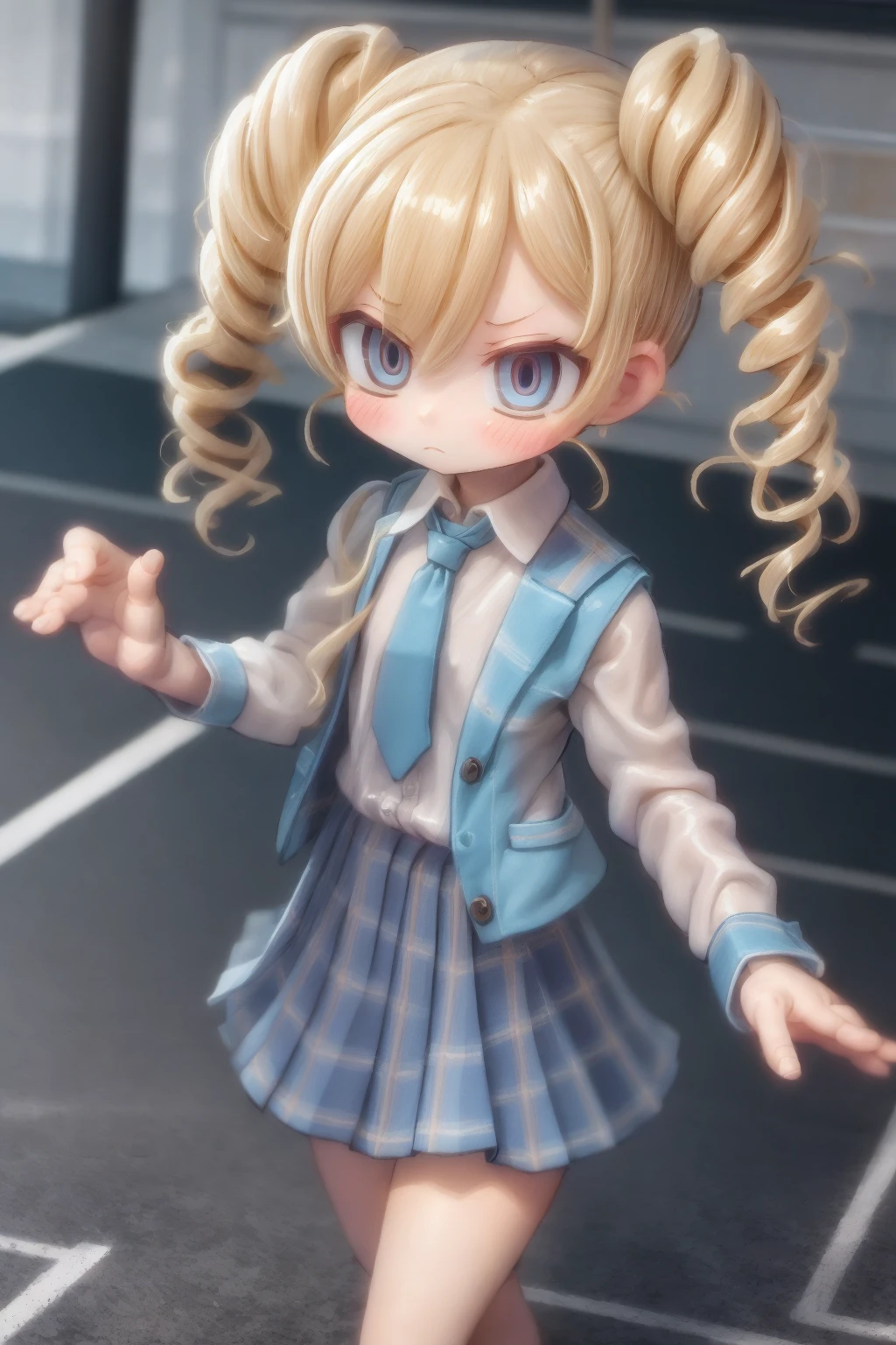 ppgzmyk, blue eyes, blonde hair, twin drills, white shirt, neck tie, plaid skirt, blue skirt, walking, frown, road <lora:PPGZ-Miyako_Gotokuji:1>