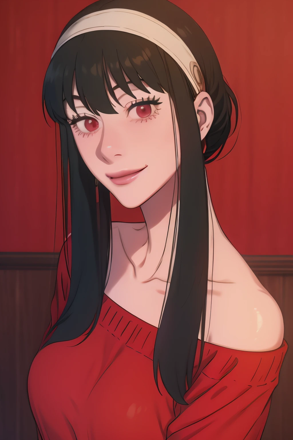 1girl, mature_female, (masterpiece, detailed, best quality), , smirk, facing_viewer, anime, yor, off-shoulder sweater,  red sweater,  collarbone,  no background,  black hair,  red eyes,  black hair,  black hair,  short hair,  short hair with long locks,  bangs,  sideburns,  white headband,  looking at viewer, smile, <lora:EMS-56500-EMS:1.000000>, , <lora:EMS-1456-EMS:0.800000>