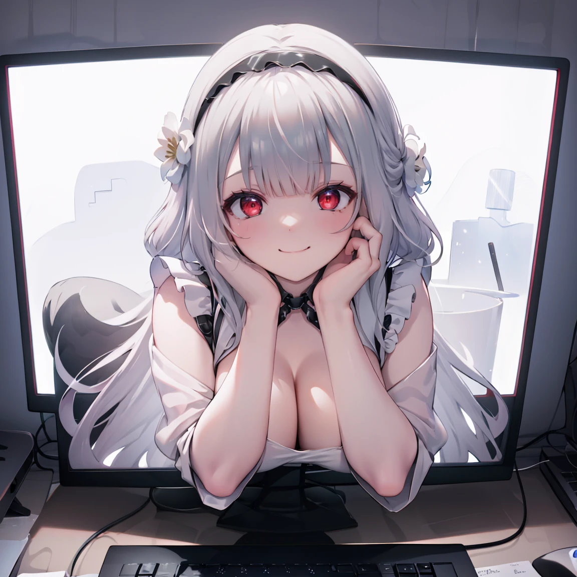 <lora:ThroughScreenStuckMonitorUpperBodyV3:1>,
through screen, stuck, monitor, 1girl, breasts, solo,, looking at viewer, , upper body, , cleavage, keyboard \(computer\), mouse \(computer\), hand on own face,
<lora:ScyllaV3f:0.8>,scyllacorigin,hair flower,black hairband, red eyes, evil smile, closed mouth, long hair, desktop,