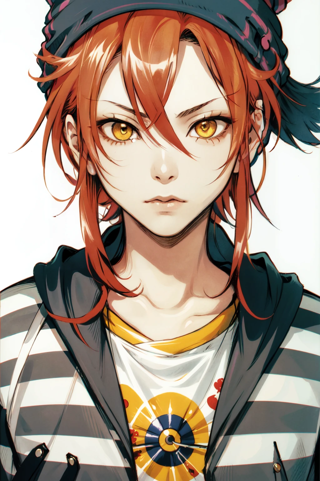 Hideto Matsumoto,  solo,  looking at viewer,  male focus,  shirt,  hat,  white background,  yellow eyes,  upper body,  red hair,  striped,  hair over one eye,  striped shirt,  beanie,  1boy, <lora:EMS-57369-EMS:0.800000>