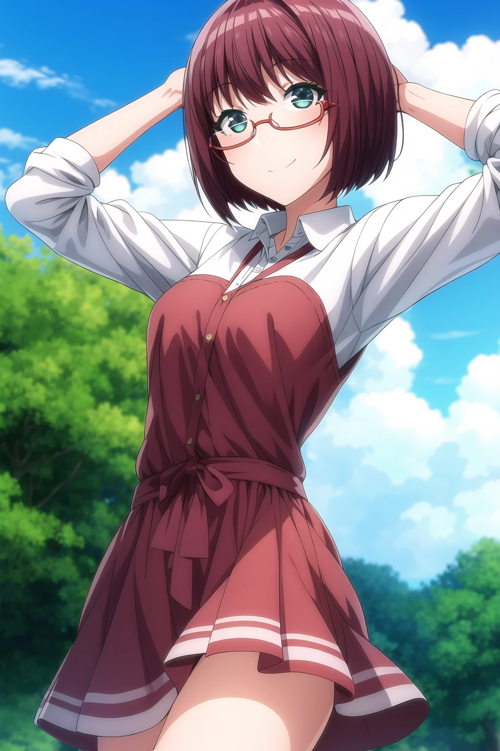 1girl, reddish purple hair, light blue eyes, eyebrows visible through hair, glasses, looking at viewer, short hair, smile, solo, casual dress, pose, mutsu_amatani, <lora:add_detail:0.7>