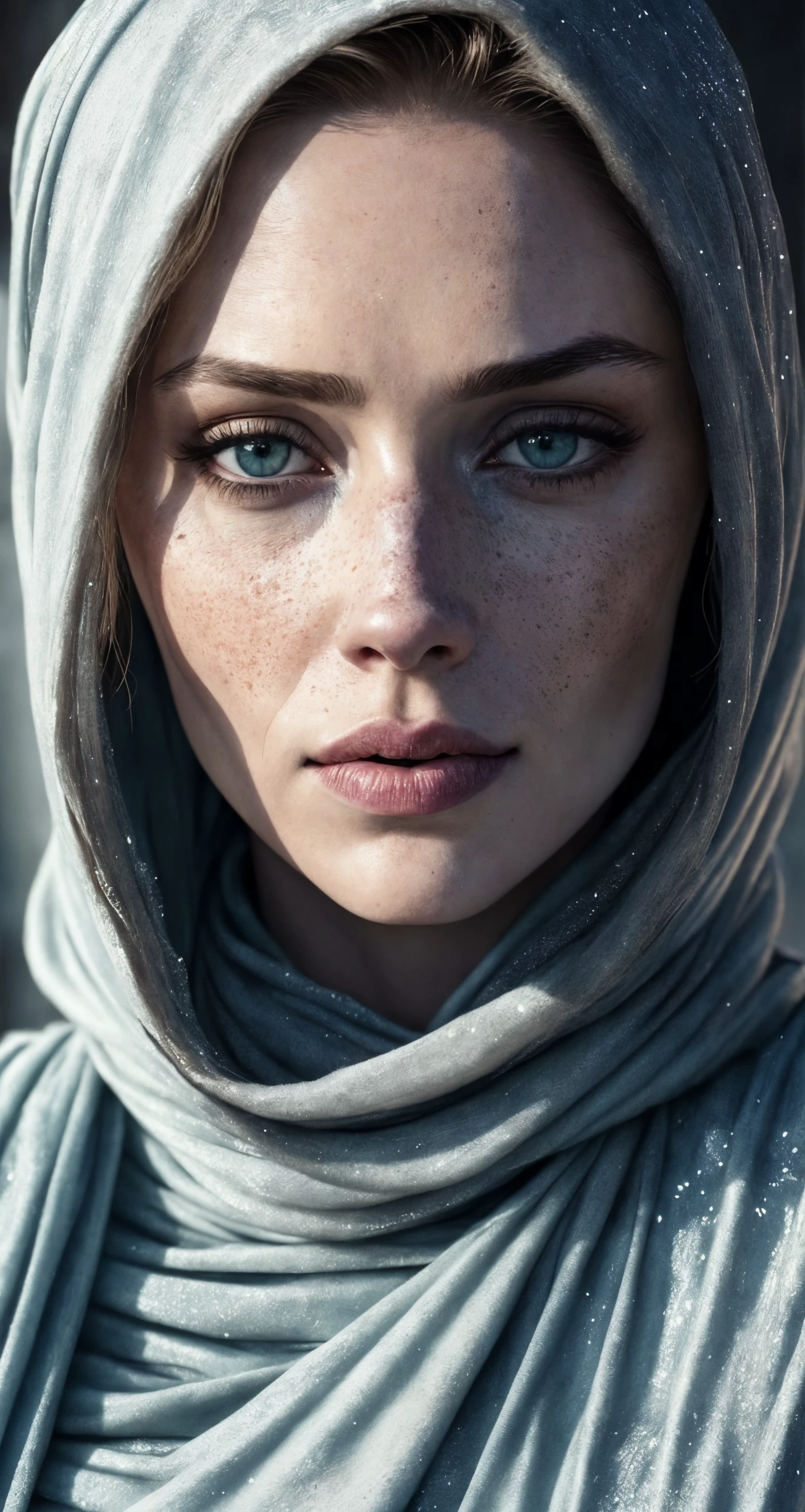 instagram photo of 29 years old female, closeup, RAW, masterpiece, realistic, hyper realistic, muted color, film grain, 
looking at viewer, white walker's winter wrap looking game of thrones icy undead, repressive, freckles, European, ([Angelina Jolie|Alessandra Ambrosio|Kat Dennings]:0.7),
wearing Yellow Chador,
