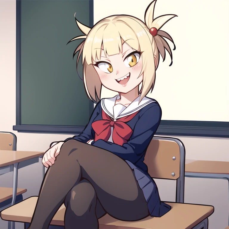 masterpiece, best quality, tansau, 1girl, (TogaHimiko:0.7), full-teeth smile, looking at viewer, sitting, crossed legs, indoor, school, classroom, <lora:tansau-17_v3:1>