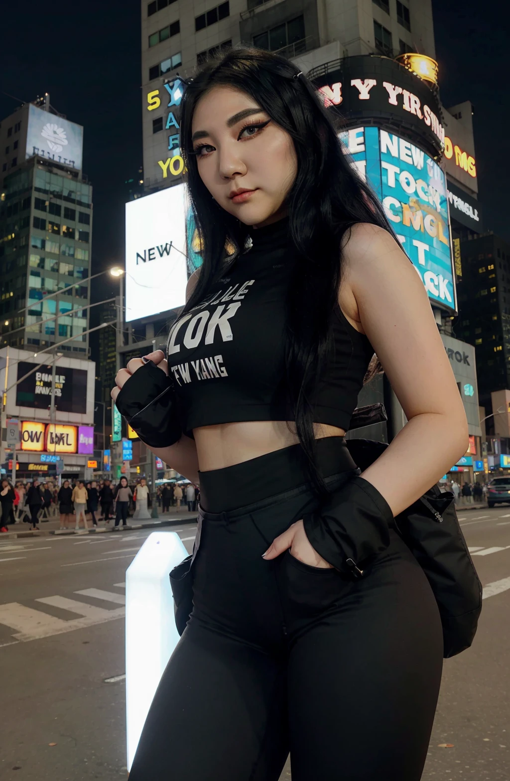 Emmi Xi, 1girl,  waist up:1.5,  black hair,  makeup+eyeliner, thick eyebrows, eyeliner,  facing_viewer, detailed face+black eyes:1.3, closed mouth, wearing a croptop and leggings, outdoors, background: new york times square    <lora:Emmi Xi:1>