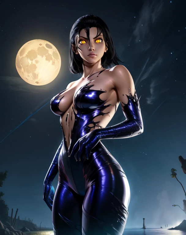 unknown,black hair, yellow eyes, 
slime tights,   
standing,  upper body,  cleavage,  lips, 
night,    moon, 
 (insanely detailed, beautiful detailed face,beautiful detailed eyes, masterpiece, best quality)  
 <lora:unknown:0.8>