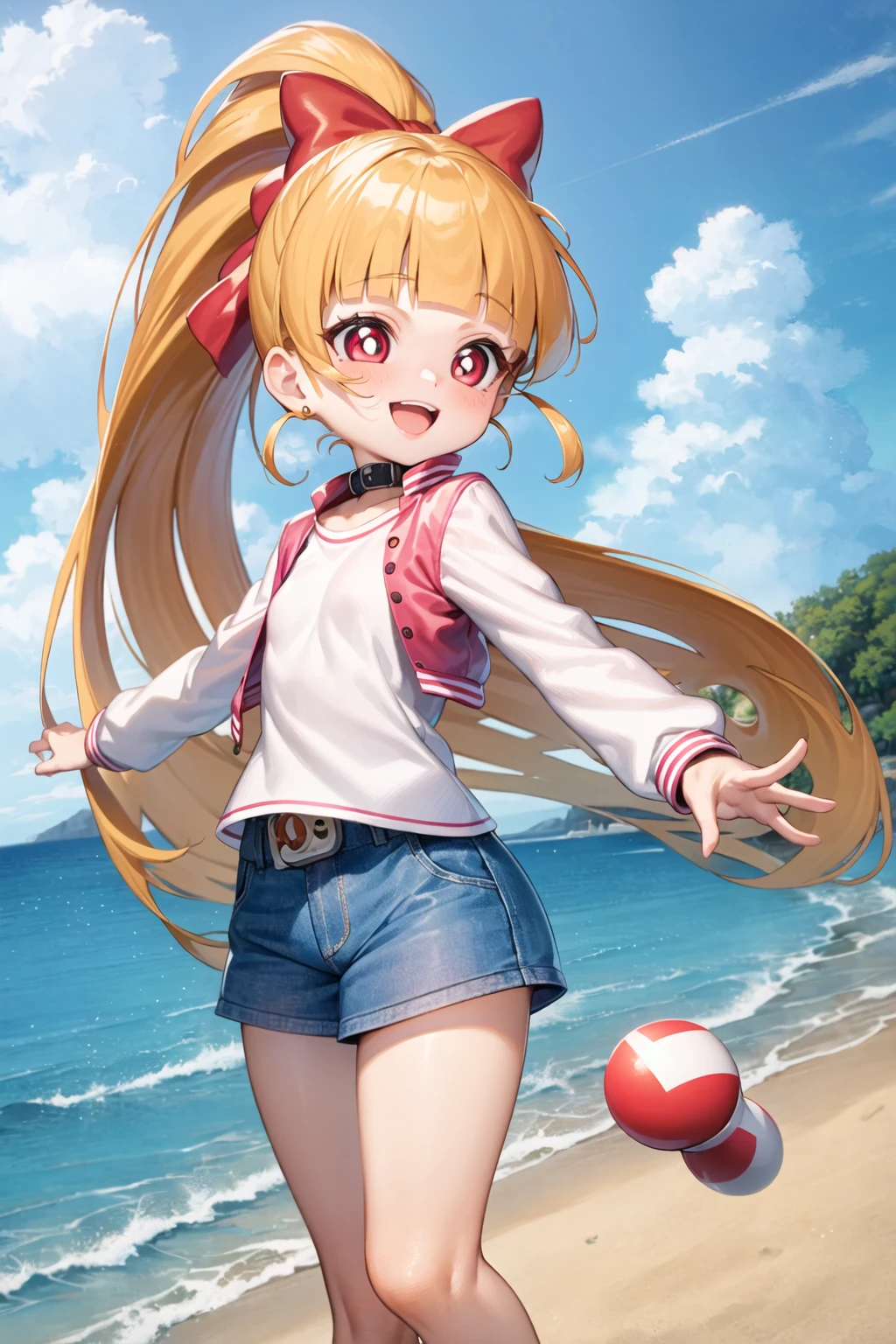 1girl, ppgzmmk, long hair, blonde hair, hair bow, blunt bangs, ponytail, red eyes, bright pupils, (white shirt, long sleeves, striped sleeves:1.1), (denim, short skirt:1.1), jumping, smile, looking away, beach <lora:Momoko_PPGZ-000007:1>