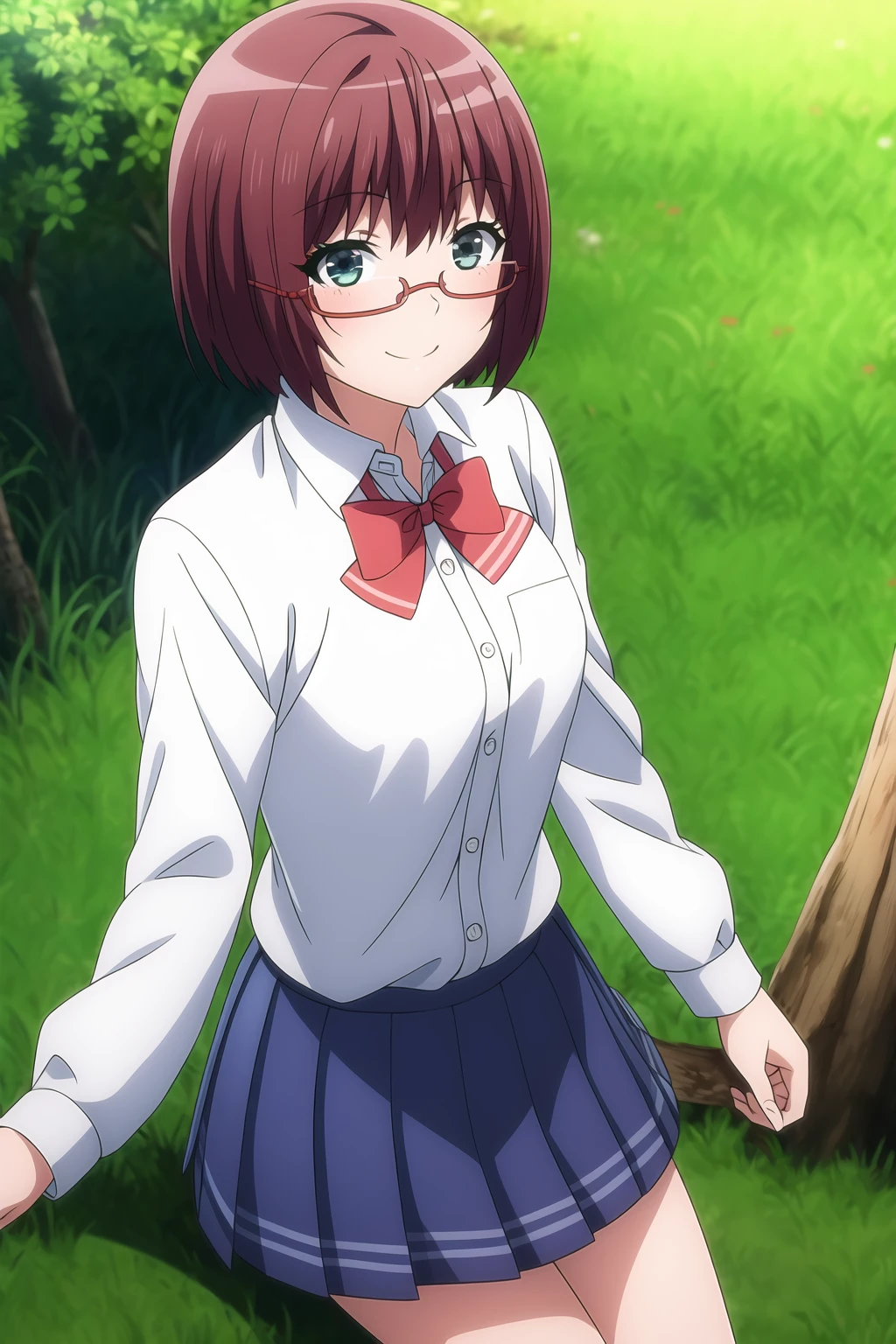 1girl, reddish purple hair, light blue eyes, eyebrows visible through hair, glasses, looking at viewer, short hair, smile, bow, bowtie, long sleeves, pleated skirt, red bow, red bowtie, school uniform, shirt, skirt, solo, white shirt, mutsu_amatani, <lora:add_detail:0.7>