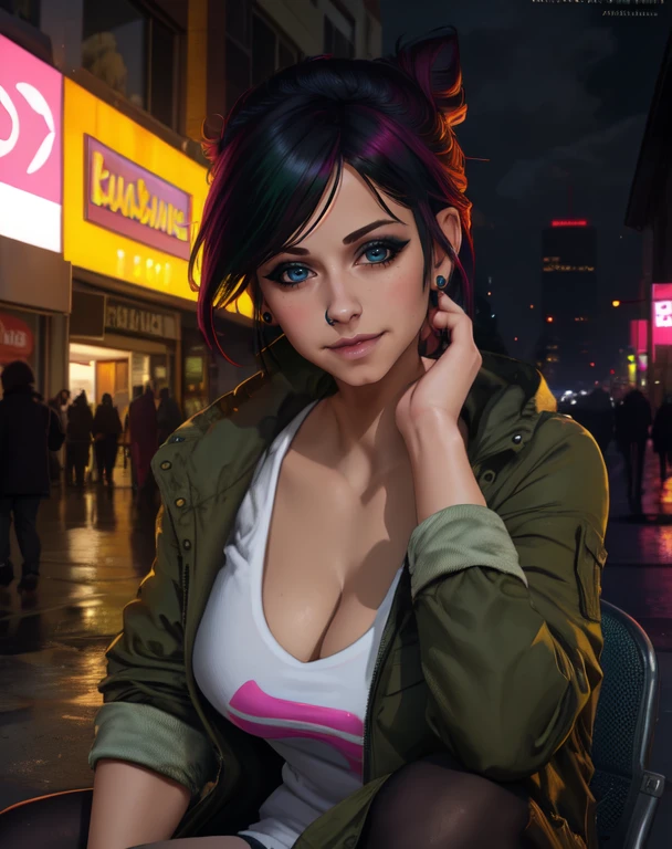Fetch, multicolored hair, hair bun, blue eyes, black hair,
green jacket, white shirt with logo, jewelry, smile,
upper body, lips, sitting, cleavage,
city, night, neon lights,
(insanely detailed, beautiful detailed face,beautiful detailed eyes, masterpiece, best quality)
<lora:Fetch:0.7>