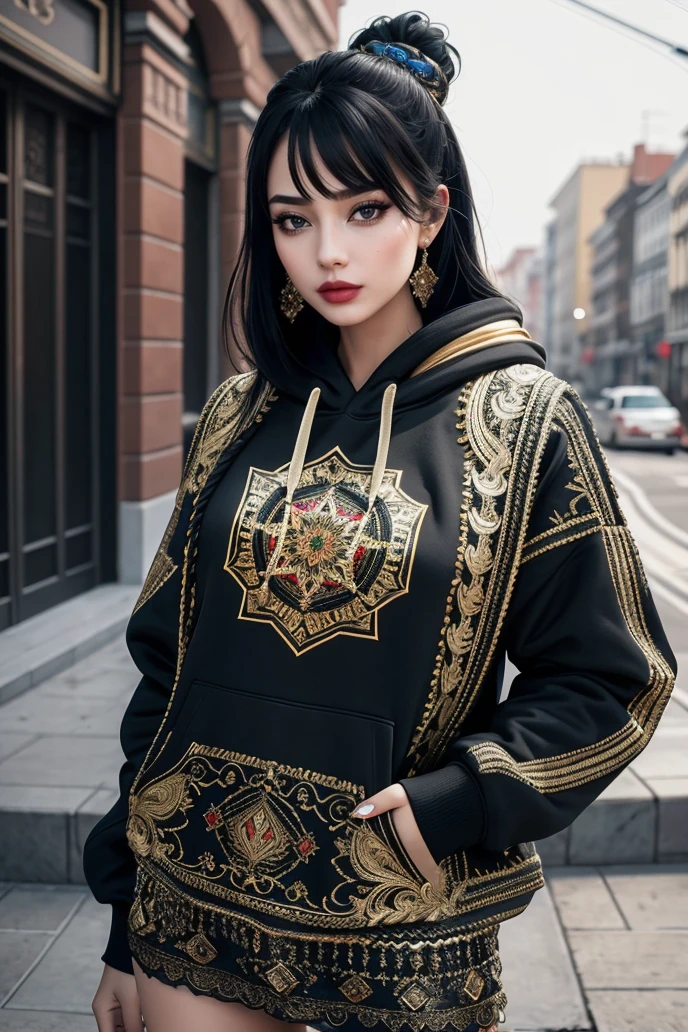((Masterpiece, best quality,edgQuality))
((hoodie)),edgJG fashion, a woman in a fancy dress with golden embroidery ,wearing edgJG_style clothing <lora:edgGallianoHoodies:1>
