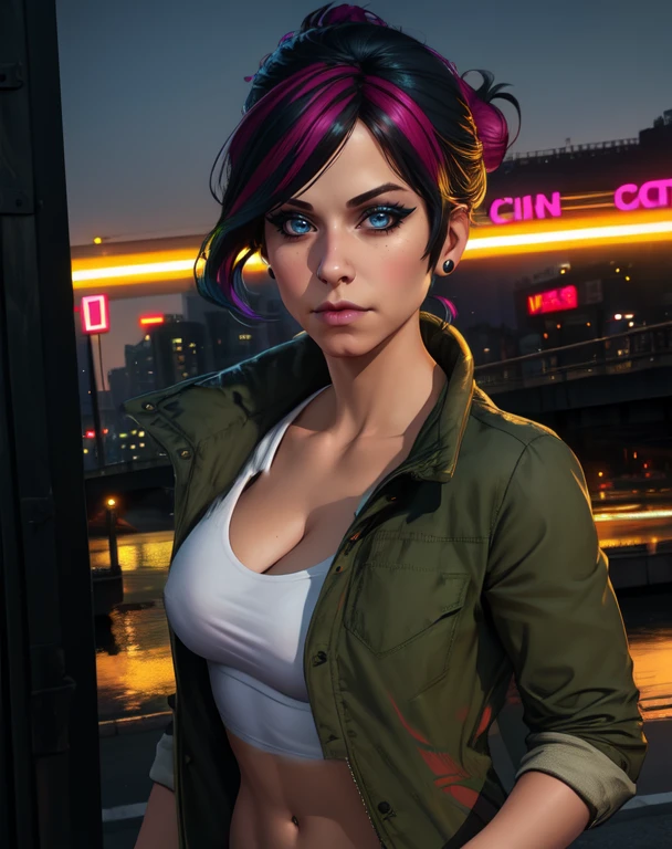 Fetch,  multicolored hair,  hair bun,  blue eyes,  black hair,  nose ring, 
green jacket, white shirt with logo, jewelry,   midriff, navel,  covered nipples, 
upper body,  standing,  lips,   cleavage, toned, 
city, night, neon lights, 
 (insanely detailed, beautiful detailed face,beautiful detailed eyes, masterpiece, best quality)  solo, 
 <lora:Fetch:0.7>