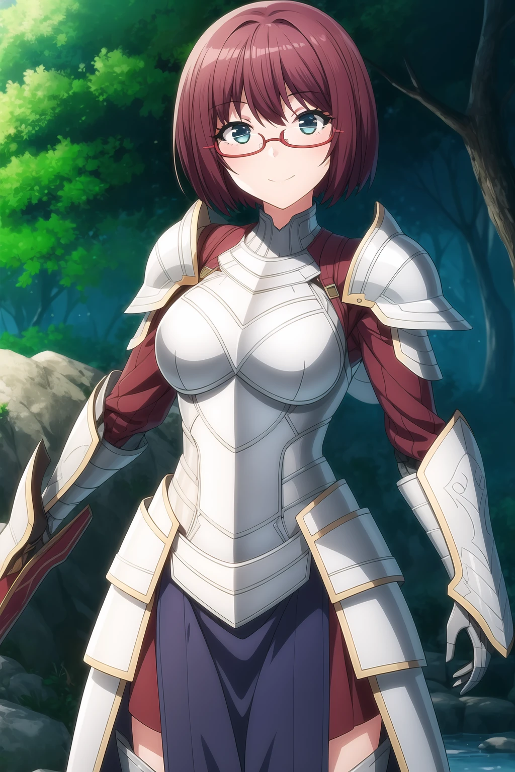 1girl, reddish purple hair, light blue eyes, eyebrows visible through hair, glasses, looking at viewer, short hair, smile, armor, armored boots, armored dress, breastplate, faulds, full armor, gauntlets, greaves, shoulder armor, solo, mutsu_amatani, <lora:add_detail:0.7>