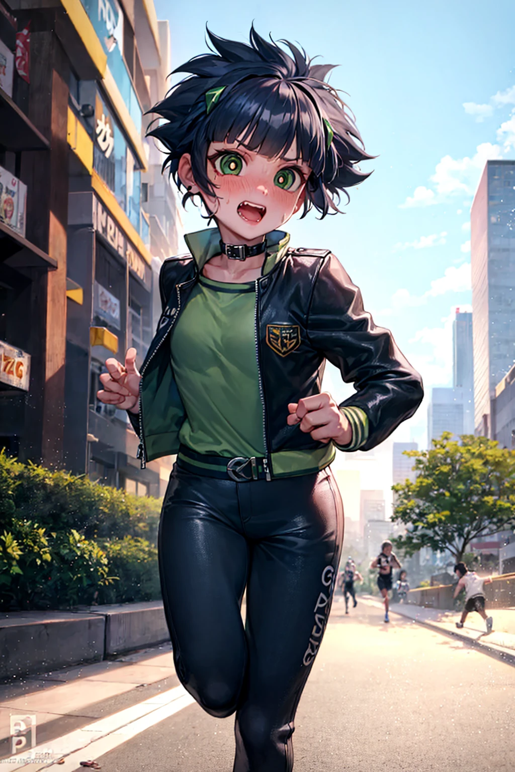 ppgzkor, green eyes, bright pupil, black hair, short hair, jacket, long pants, embarrassed, running, city, <lora:PPGZ-Kaoru_Matsubara:1>
