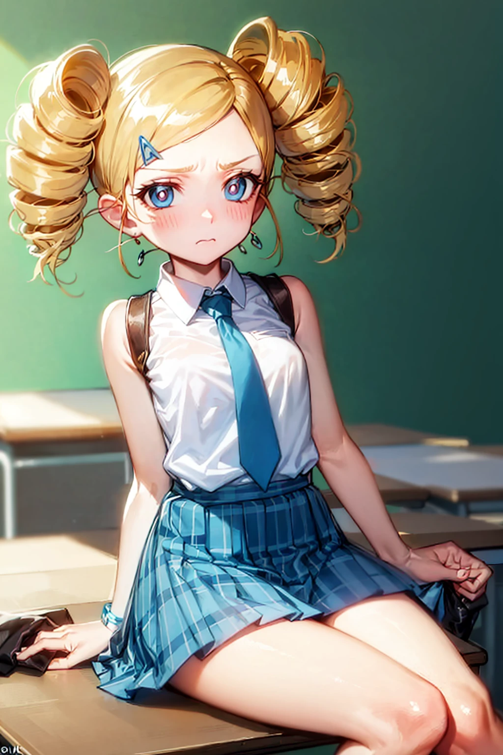ppgzmyk, blue eyes, blonde hair, twin drills, white shirt, neck tie, plaid skirt, blue skirt, sitting, frown, classroom <lora:PPGZ-Miyako_Gotokuji:1>