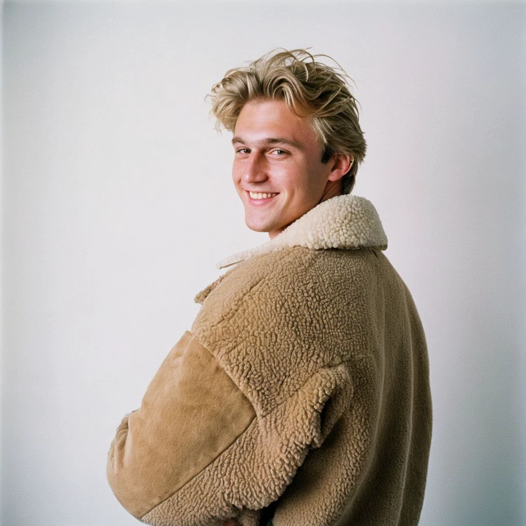 film photography style a young, dirty blonde man with a tan sheep jacket and back shirt smiling in front of a white background <lora:FILM_PHOTOGRAPHY_STYLE-000017:1>
