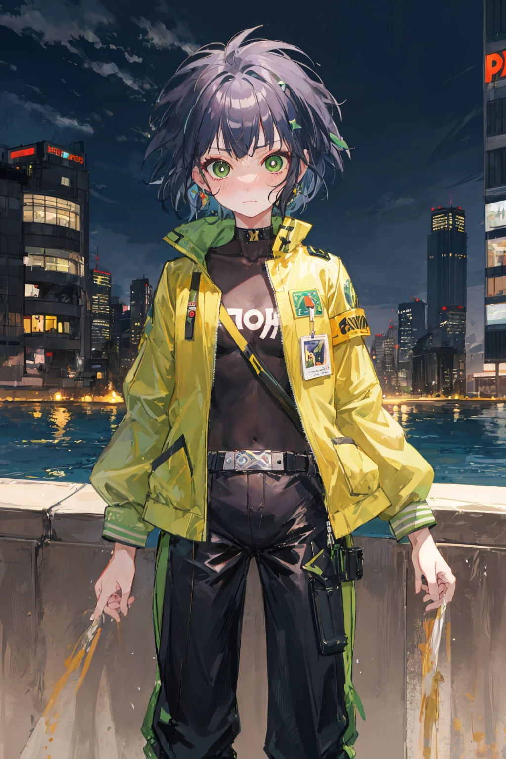 ppgzkor, green eyes, bright pupil, black hair, short hair, jacket, long pants, embarrassed, standing, city, <lora:PPGZ-Kaoru_Matsubara:1>