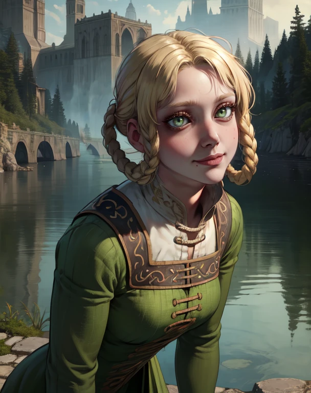 Rya, blonde hair, hair rings ,twin braids,green eyes, bad_posture,  perspective, 
smile, solo, tired,  slit pupils, 
 green dress, long sleeves, standing, 
 (insanely detailed, beautiful detailed face,beautiful detailed eyes, masterpiece, best quality)  
lake,  <lora:RyaZorayas-10v6:0.8>  leaning forward,  from side,