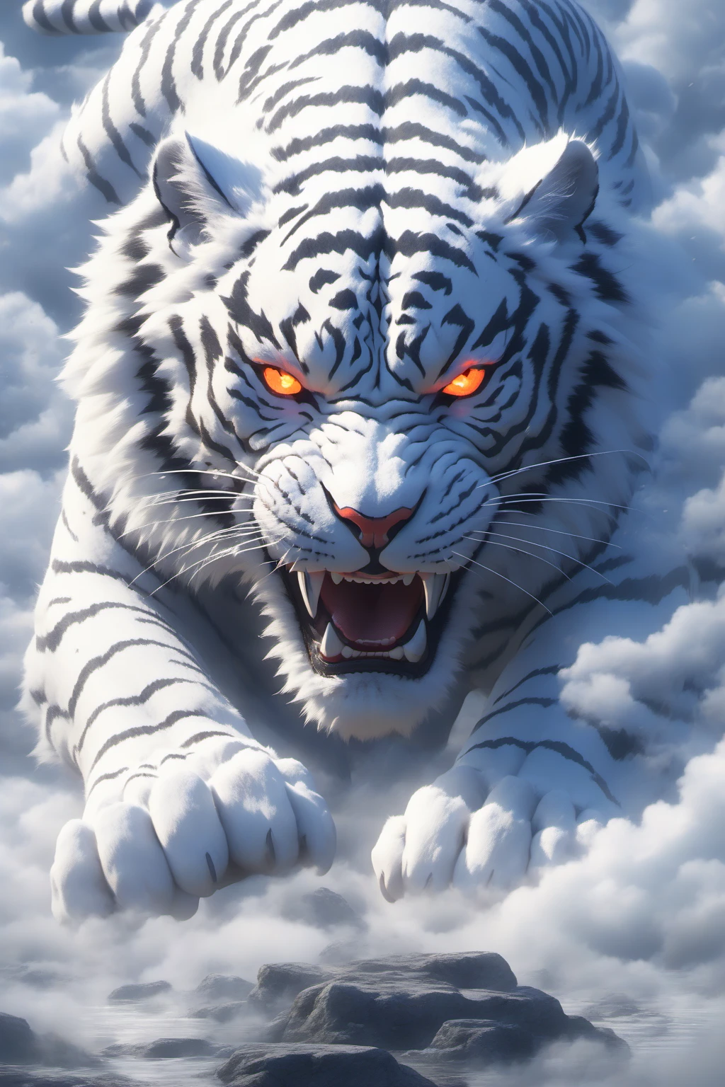 Hyperrealistic art BJ_Sacred_beast,open_mouth,outdoors,sky,teeth,cloud,orange_eyes,no_humans,glowing,animal,fangs,glowing_eyes,mountain,animal_focus,whiskers,tiger,white_tiger,
cinematic lighting,strong contrast,high level of detail,Best quality,masterpiece,White background,<lora:SDXL_Sacred_beast:0.7>, . Extremely high-resolution details, photographic, realism pushed to extreme, fine texture, incredibly lifelike