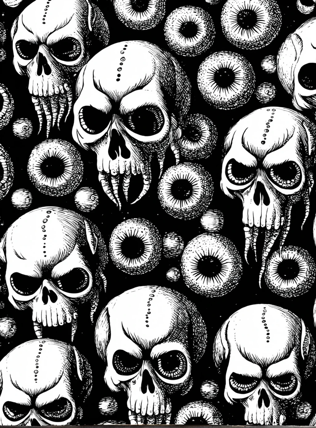 <lora:DD-vntg-artstyle-v1:1> vntg artystyle "vintage" black and white skulls eyeballs tentacles
