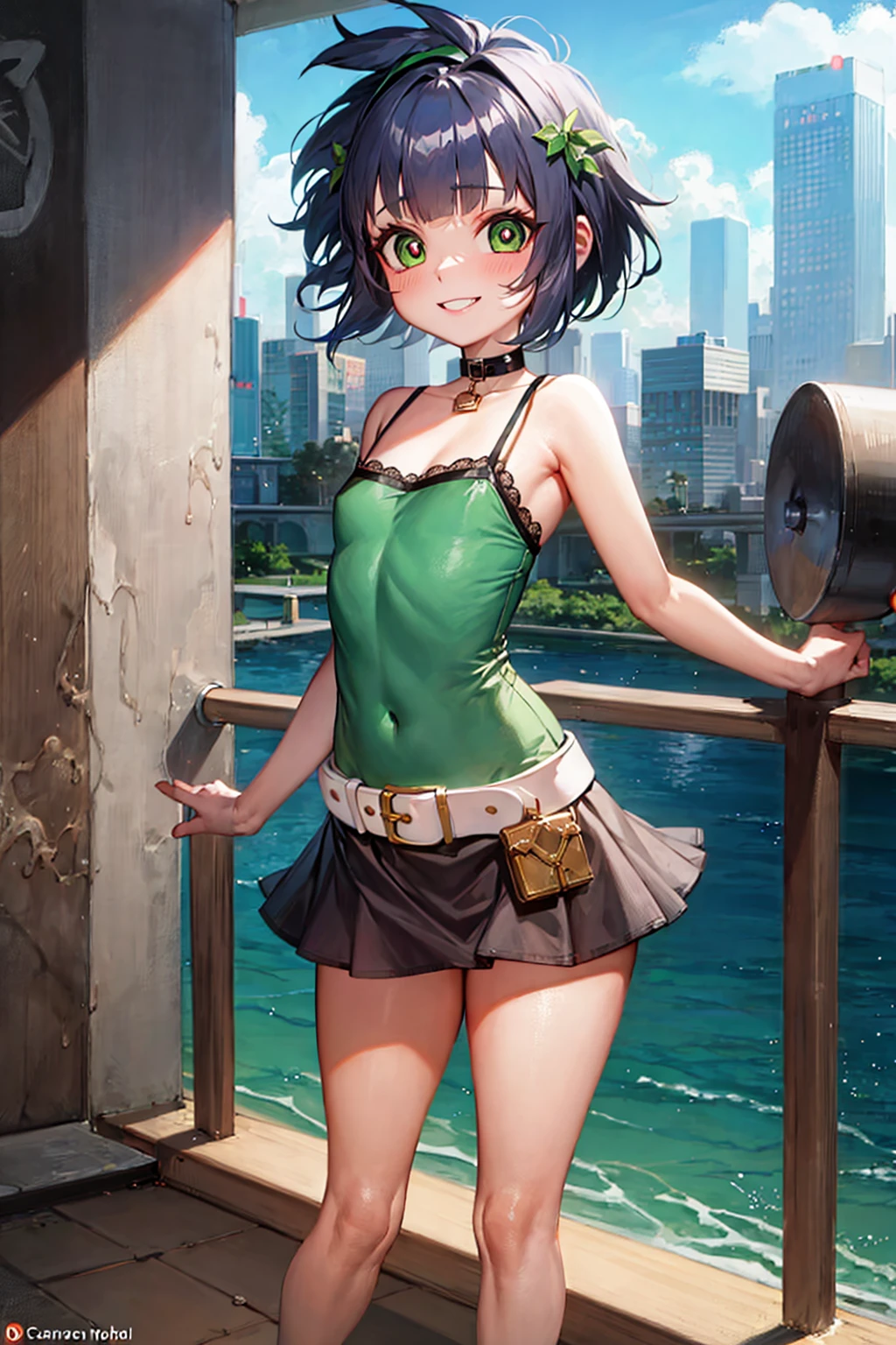 ppgzkor, green eyes, bright pupil, black hair, short hair, camisole, short skirt, smile, standing, city, <lora:PPGZ-Kaoru_Matsubara:1>
