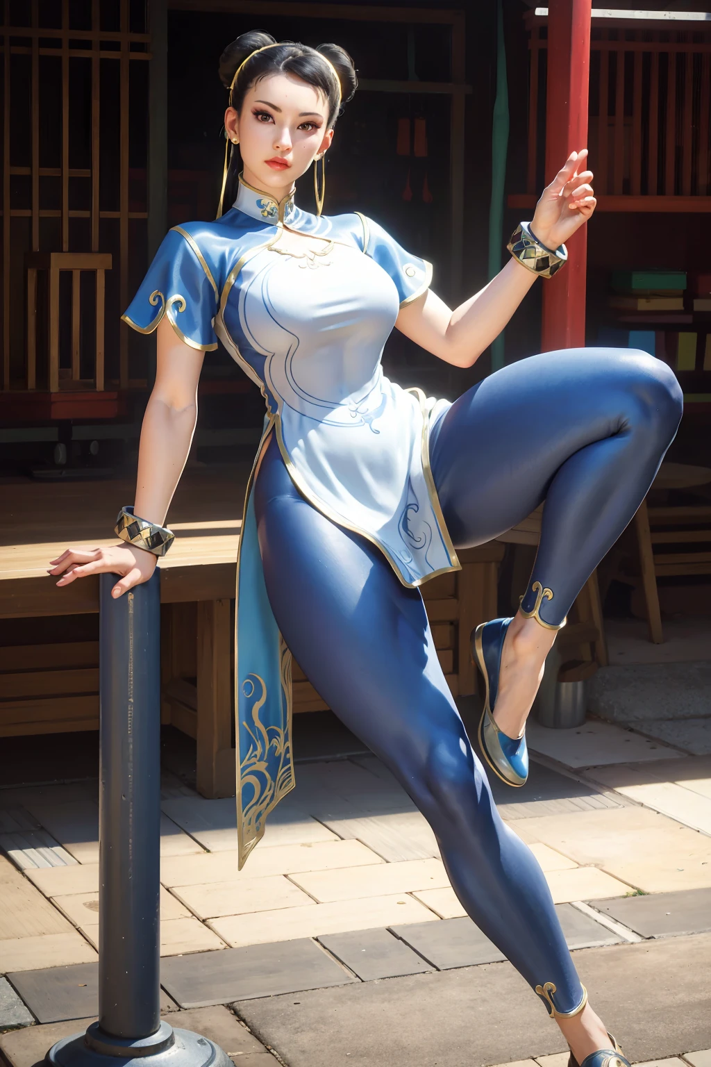 realistic, realism, photorealism, photo-realistic, high contrast, (photorealistic:1.4), 8k high definition detailed realistic, NSFW,(best quality, masterpiece:1.2), photon mapping, radiosity, physically-based rendering, best quality, highly detailed, 1girl, sfchunli, pat pussy, cameltoe, blue leggings, full body, outdoor, thick thighs, standing with one leg, leaning, leg up,
