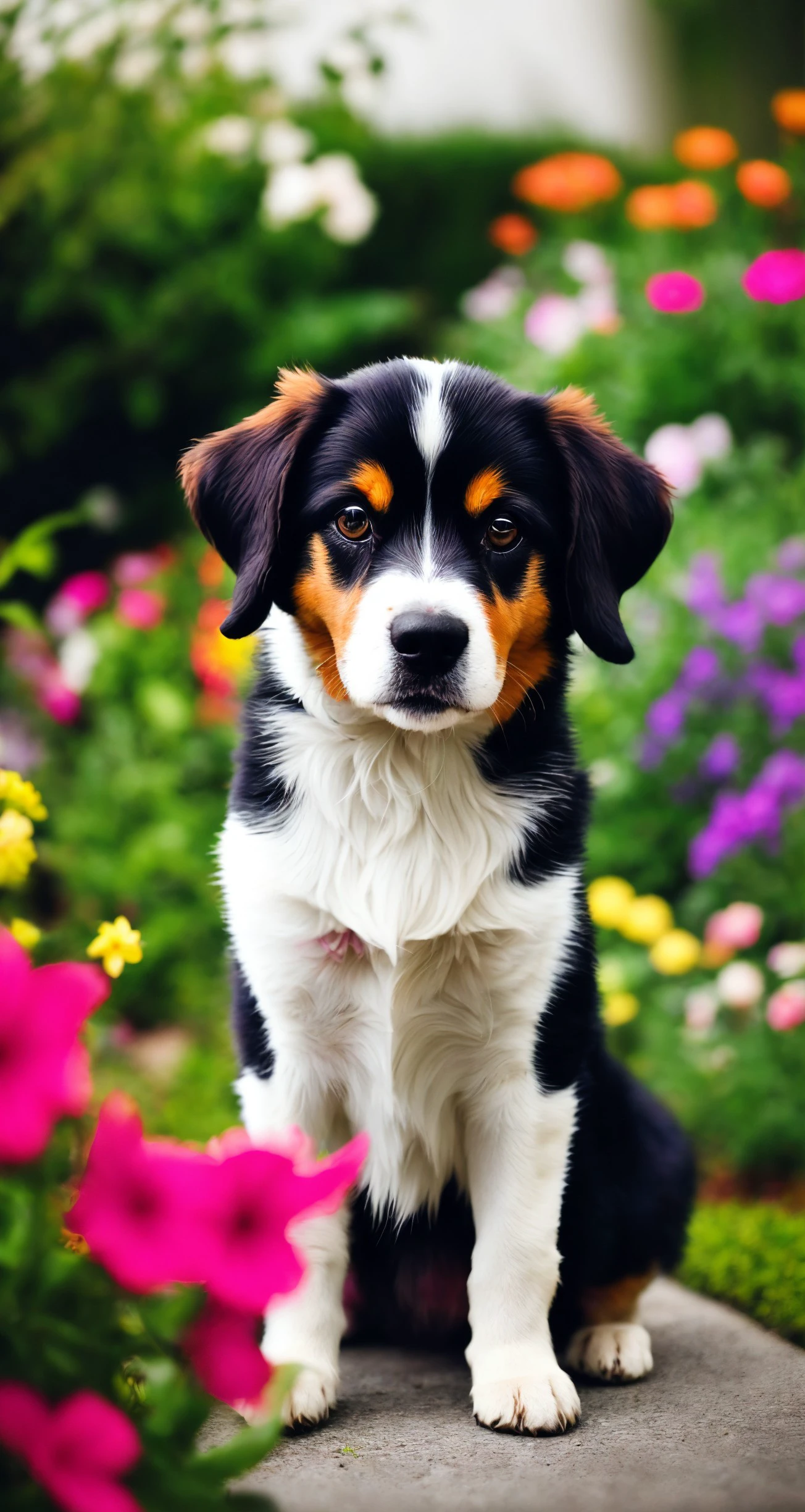 photo of dog, closeup, RAW, masterpiece, realistic, hyper realistic, muted color, film grain,
looking at viewer, soft colors, fascinating, blurry background, garden, high contrast, dark background,
 flowers,